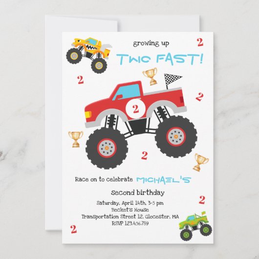 Growing up two fast monster trucks boy birthday einladung (Vorderseite)