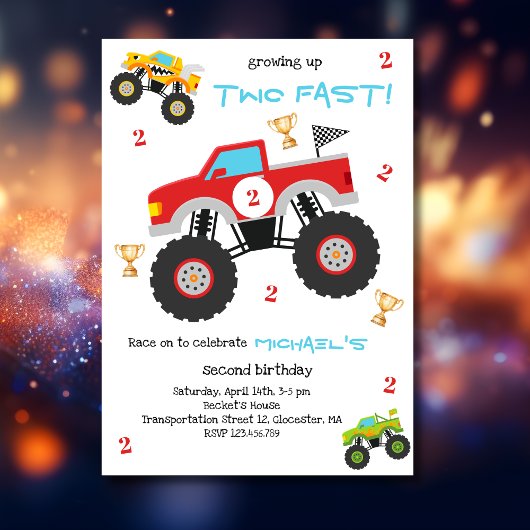 Growing up two fast monster trucks boy birthday einladung