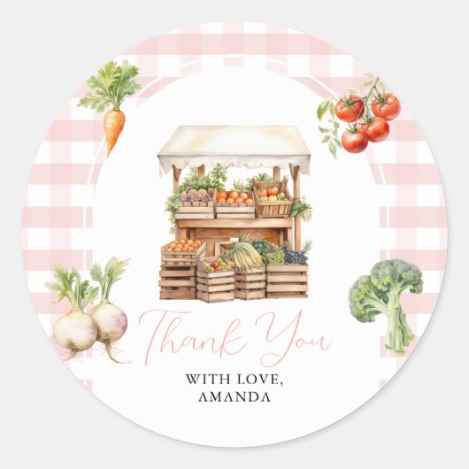 Grown Fresh Market Baby Shower Gingham Runder Aufkleber (Vorderseite)