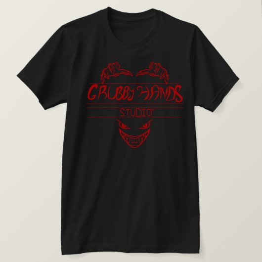 Grubby Hands Studio rotes Logo schwarzes T-Shirt (Design vorne)