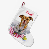 Gruben-Stier-Hund in BademantelWatercolor Großer Weihnachtsstrumpf (Vorderansicht (hängend))
