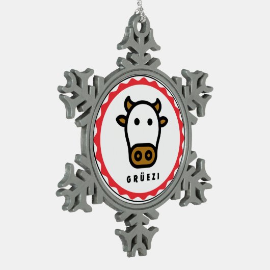 Grüezi - Niedliche Schweizer Kuh Snowflake Gerahmt Schneeflocken Zinn-Ornament (Links)