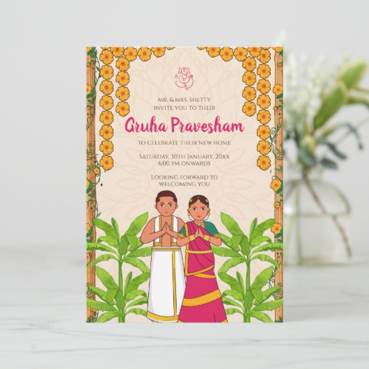 Gruhapravesh lädt indische Haushaltswärmung ein Einladung (Stehend Vorderseite)
