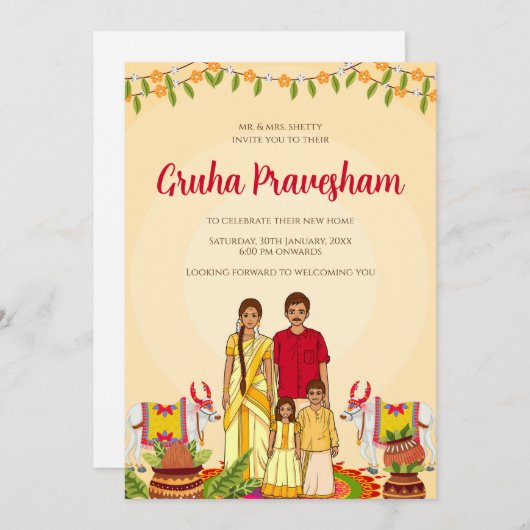 Gruhapravesham lädt zur digitalen indischen Hauswä Einladung (Vorne/Hinten)