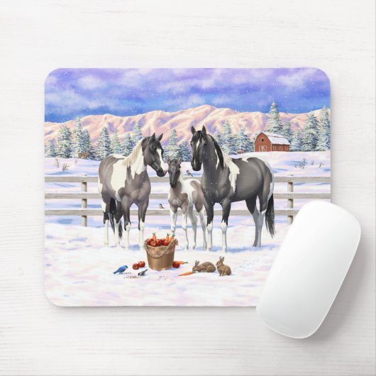 Grulla Pinto Gray Paint Horses on Winter Farm Mousepad (Mit Mouse)