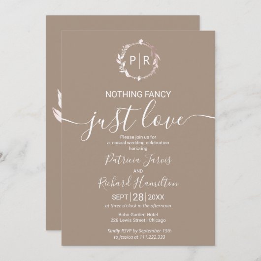 Grullo Monogram Calligrafy Foto Wedding Einladung (Vorne/Hinten)
