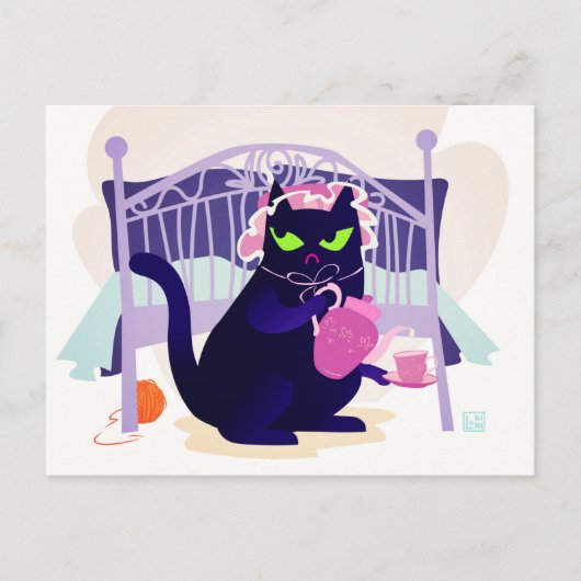 Grumpige schwarze Katze in einem Schlafdeckel Postkarte (Vorderseite)