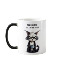 Grumpische Katze mit Tasse Kaffee