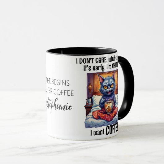 Grumpy Angry Cat Drink Coffee Quote Tasse (VorderseiteRechts)