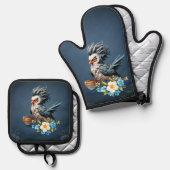 Grumpy Bird am Montag. Ofenhandschuh & Topflappen-Set (Vorderseite/Rückseite)