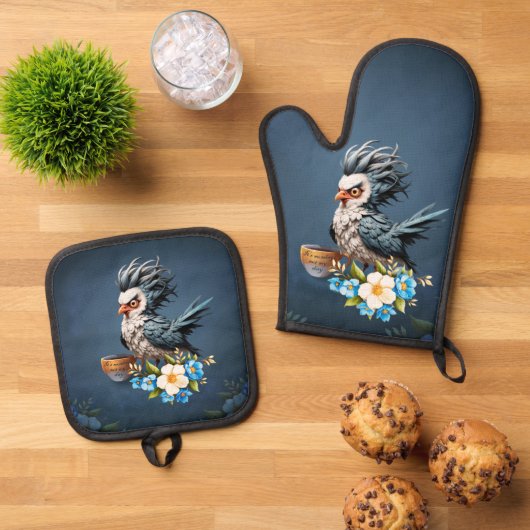 Grumpy Bird am Montag. Ofenhandschuh & Topflappen-Set (Oben Unten)