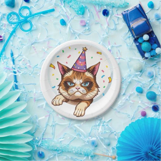 Grumpy Birthday Cat - Party Hat & Confetti Pappteller (Party)