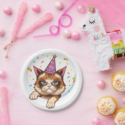 Grumpy Birthday Cat - Party Hat & Confetti Pappteller (Party)
