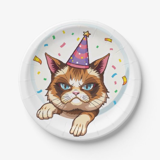 Grumpy Birthday Cat - Party Hat & Confetti Pappteller (Vorderseite)