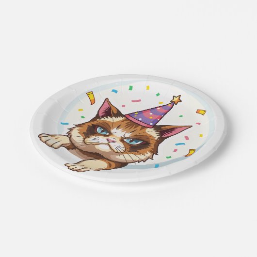 Grumpy Birthday Cat - Party Hat & Confetti Pappteller (Schrägansicht)