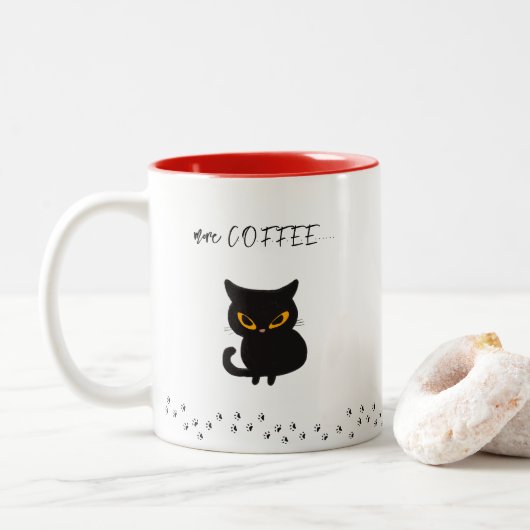 Grumpy Black Cat Mehr Kaffee Zweifarbige Tasse (Mit Donut)
