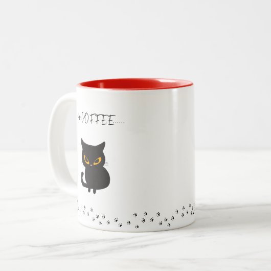 Grumpy Black Cat Mehr Kaffee Zweifarbige Tasse (Vorderseite Links)