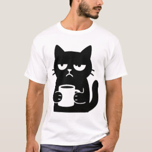 Grumpy Black Cat mit Coffee Tasse Funny T-Shirt
