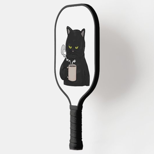 Grumpy Black Cat mit Kaffeemaschine Pickleball Schläger (Links)