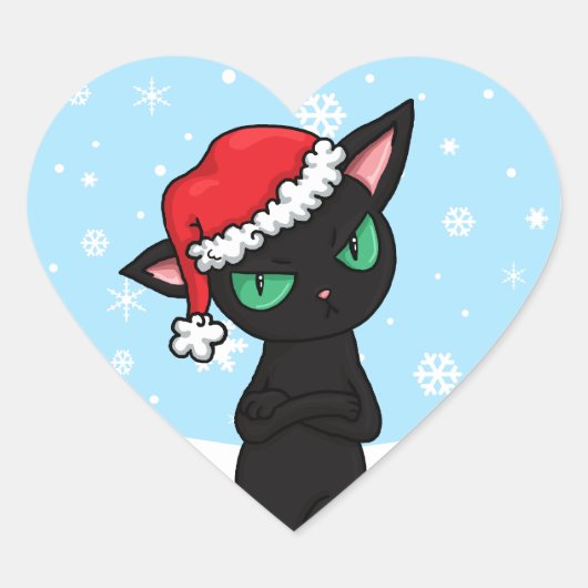 Grumpy Black Cat mit Weihnachtsmannmütze Herz-Aufkleber (Vorderseite)