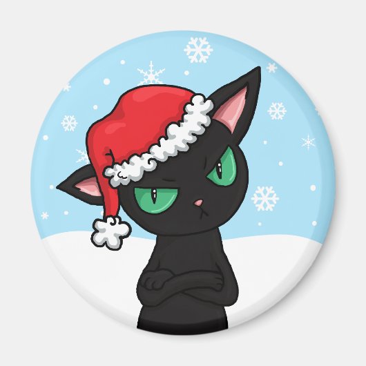 Grumpy Black Cat mit Weihnachtsmannmütze Magnet (Vorne)