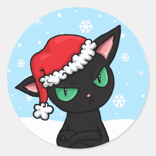 Grumpy Black Cat mit Weihnachtsmannmütze Runder Aufkleber (Vorderseite)