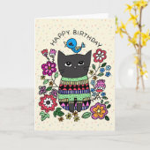 Grumpy Black Cat mit wenig Bluebird Geburtstag Karte (Gelbe Blume)