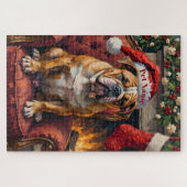 Grumpy Bulldog Christmas Hat on Velvet Chair Puzzle (Horizontal)