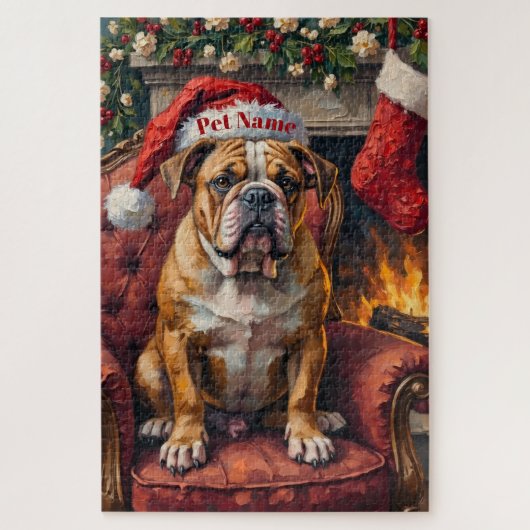 Grumpy Bulldog Christmas Hat on Velvet Chair Puzzle (Vertikal)