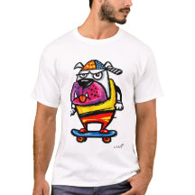 Grumpy Bulldog on Skateboard Cartoon T-Shirt