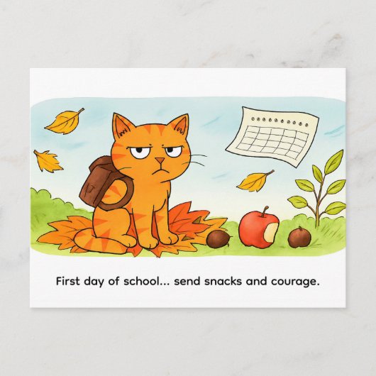 Grumpy Cartoon Cat Starting School in Autumn Postkarte (Vorderseite)