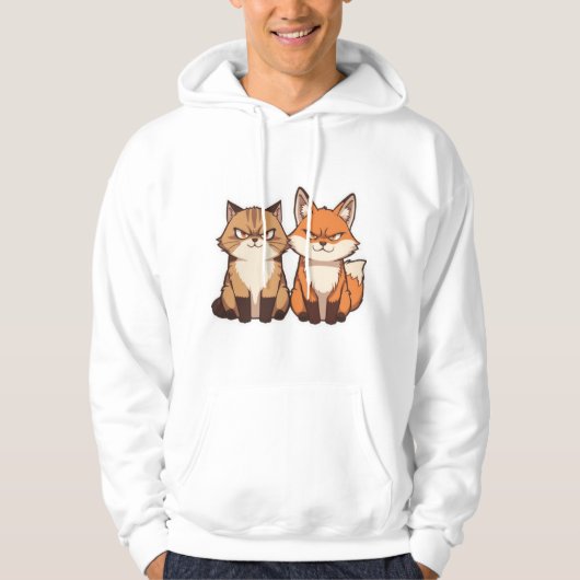 Grumpy Cartoon-Katze und Fuchs-Duo Kawaii Hoodie (Vorderseite)