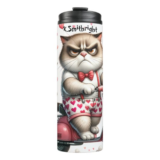 Grumpy Cat auf einem Moped Thermosbecher (Vorderseite)