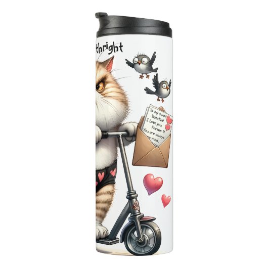 Grumpy Cat auf einem Scooter Thermosbecher (Nach rechts gedreht)