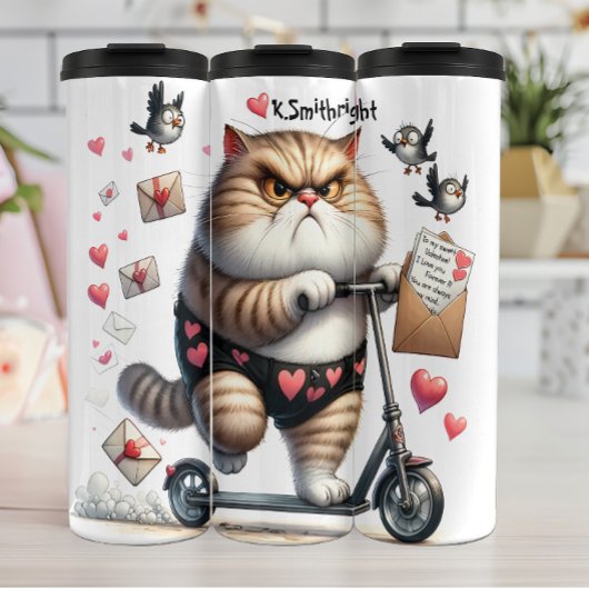 Grumpy Cat auf einem Scooter Thermosbecher