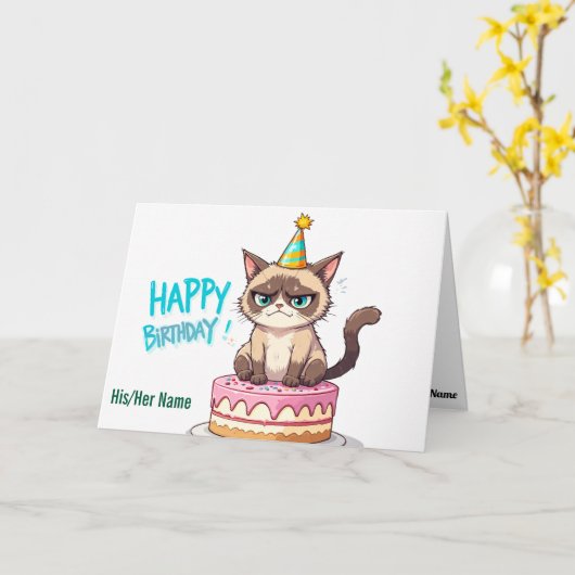 Grumpy Cat auf Kuchen Karte (Gelbe Blume)