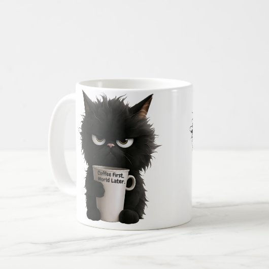 Grumpy Cat Coffee Mood T-Shirt Funny Black Fluffy Kaffeetasse (Vorderseite Links)