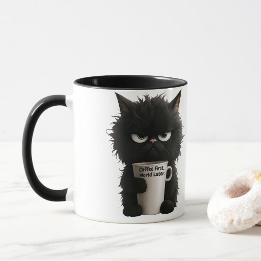 Grumpy Cat Coffee Mood T-Shirt Funny Black Fluffy  Tasse (Mit Donut)