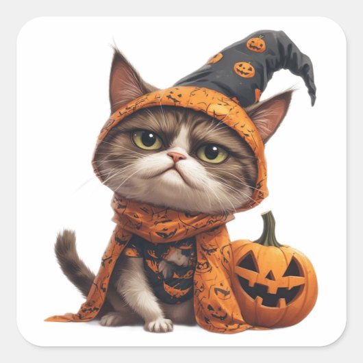 Grumpy Cat mit Jack O Lantern Begleiter 🎃 Quadratischer Aufkleber (Vorderseite)