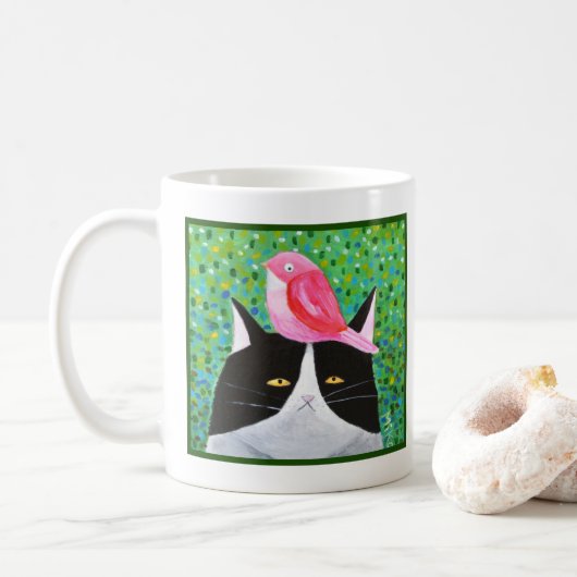 Grumpy Cat mit rotem kleinen Vogel Funny Cat Lover Kaffeetasse (Mit Donut)