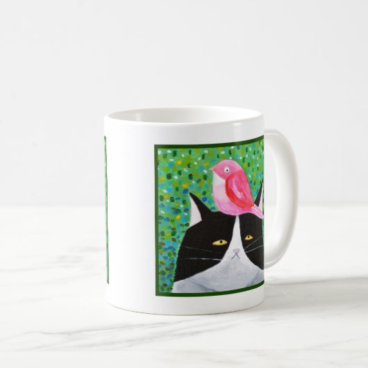 Grumpy Cat mit rotem kleinen Vogel Funny Cat Lover Kaffeetasse (VorderseiteRechts)