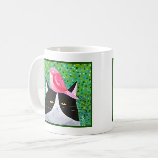 Grumpy Cat mit rotem kleinen Vogel Funny Cat Lover Kaffeetasse (Vorderseite Links)