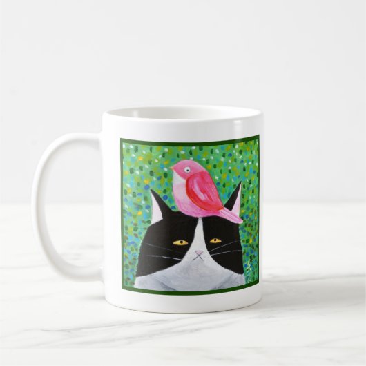 Grumpy Cat mit rotem kleinen Vogel Funny Cat Lover Kaffeetasse (Links)