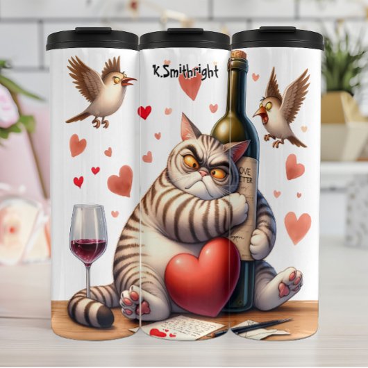 Grumpy Cat mit Weinflasche Thermosbecher