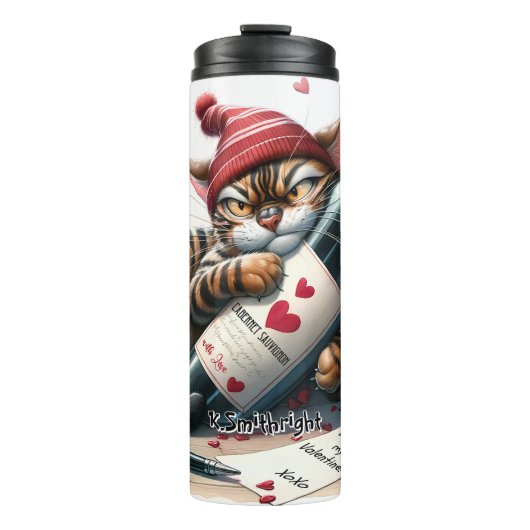 Grumpy Cat mit Weinflasche Thermosbecher (Vorderseite)