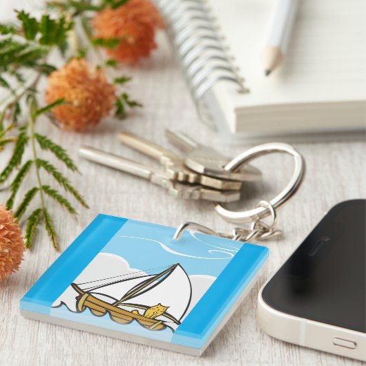 Grumpy Cat on Sailboat Funny Nautical Cartoon Schlüsselanhänger (Vorderseite rechts)