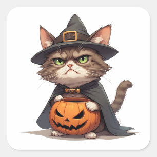 Grumpy Cat und Jack O Lantern Freund Halloween 🎃 Quadratischer Aufkleber