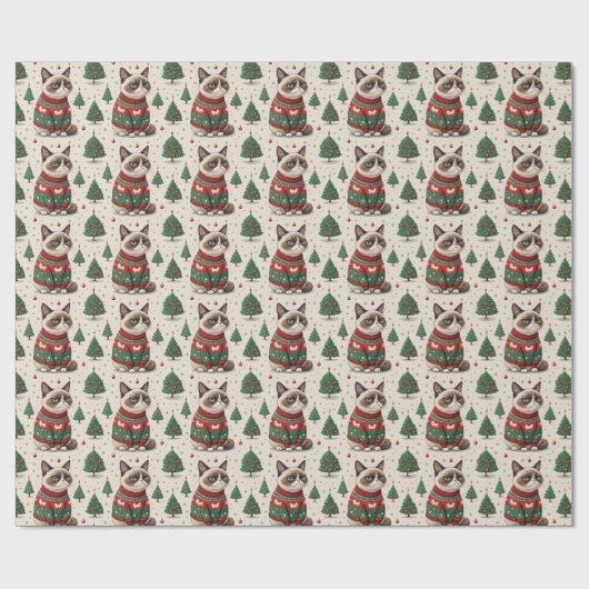 Grumpy Christmas Cat in Ugly Sweater Geschenkpapier (Flach)