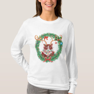 Grumpy Christmas Cat Rentier Wreath Long Sleeved T-Shirt