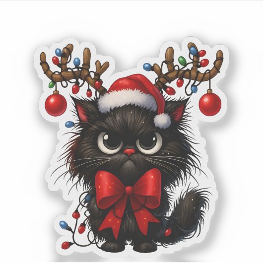 Grumpy Christmas Cat with Santa Hat and Antlers Aufkleber (Vorderseite)